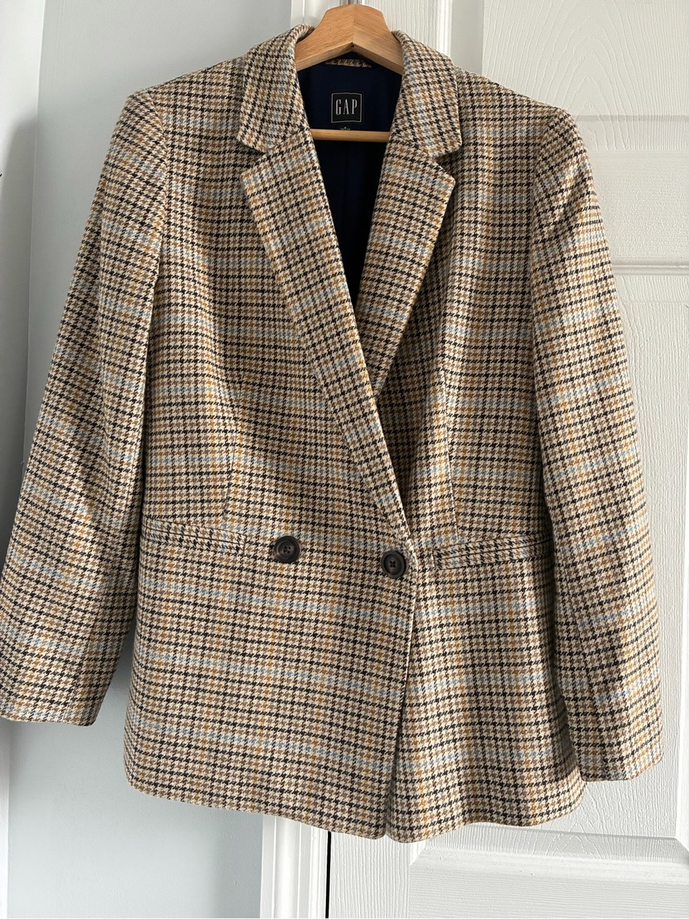 GAP Women's Beige & Brown Plaid Double-Breasted Blazer